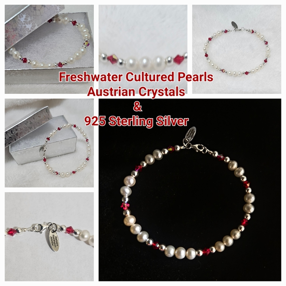Genuine Freshwater Cultured Pearl Bracelet with Austrian Crystals and 925 Silver